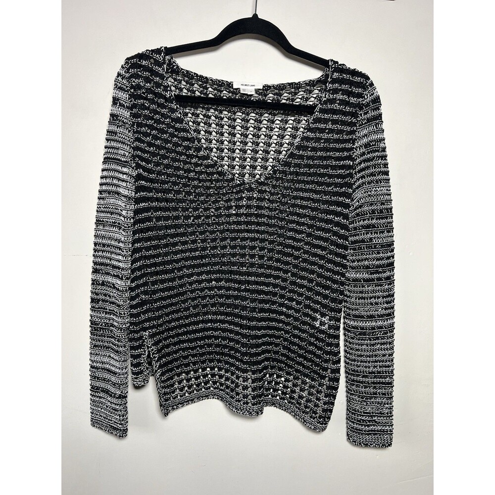 Helmut Lang Knit Pullover Sweater V-Neck Open-Knit Striped Black White Petite XS